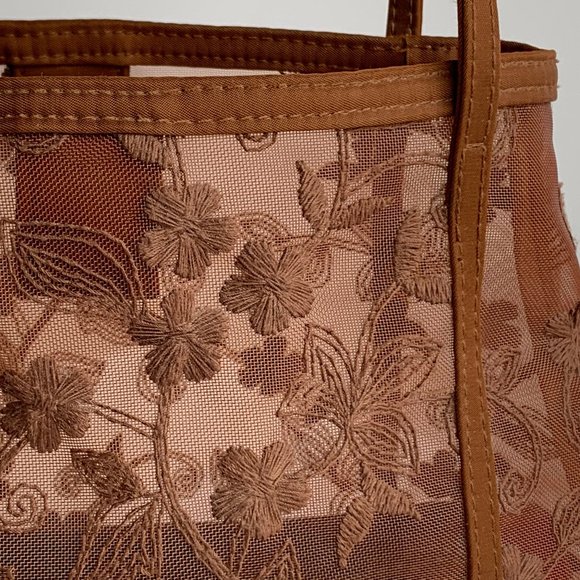 Vintage vegan boho cognac brown mesh embroidered top handle satchel bag - Picture 5 of 7